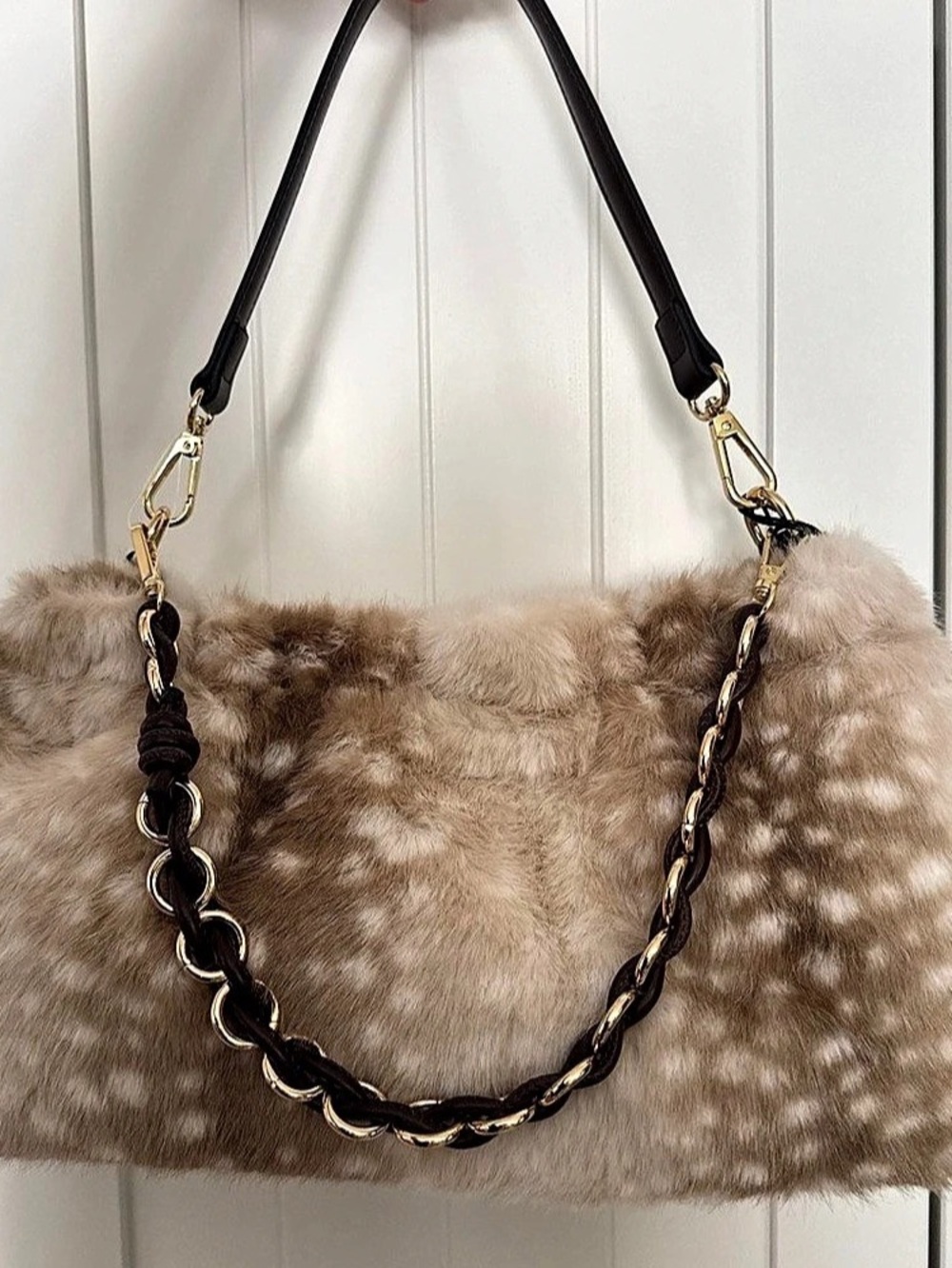 BCBGeneration Faux Fur Shoulder Bag in Brown & white NWT